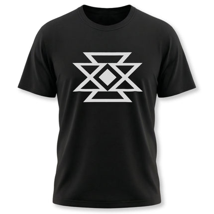Black t-shirt featuring a white geometric butterfly symbol of transformation and hope.