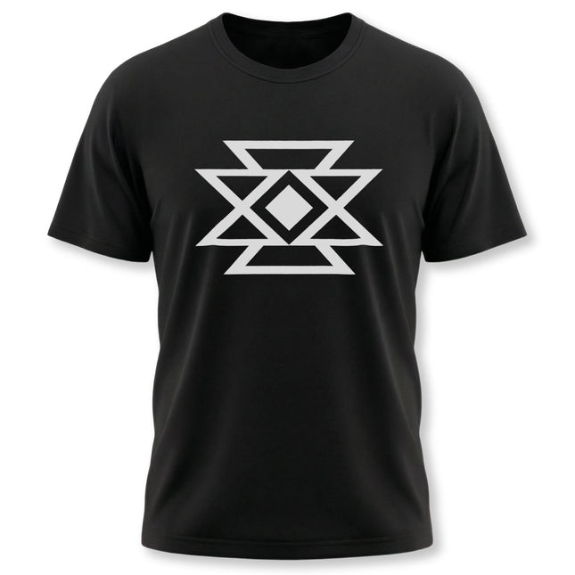 Black t-shirt featuring a white geometric butterfly symbol of transformation and hope.