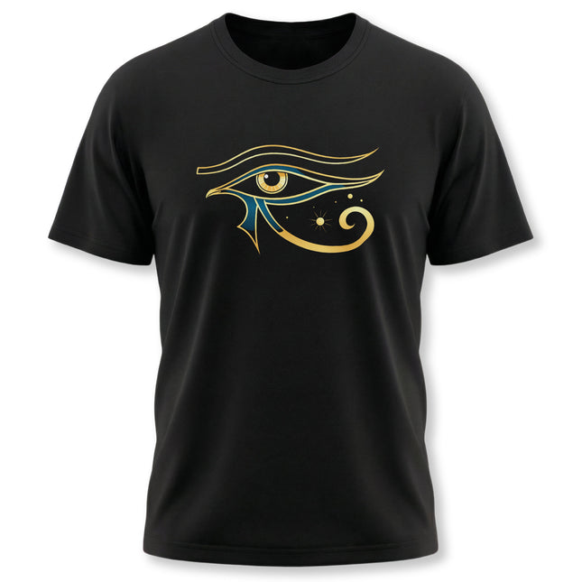 Eye of Horus Egyptian symbol graphic tee on a black t-shirt.