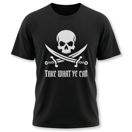 Pirate skull and crossed swords graphic on a black t-shirt, reading "Take What Ye Can.