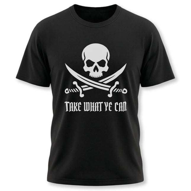 Pirate skull and crossed swords graphic on a black t-shirt, reading "Take What Ye Can.