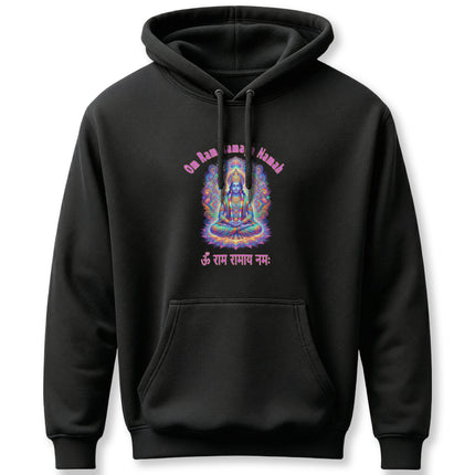 Psychedelic Lord Rama mandala hoodie featuring Om Ramaya Namah mantra and Hindu spiritual art.