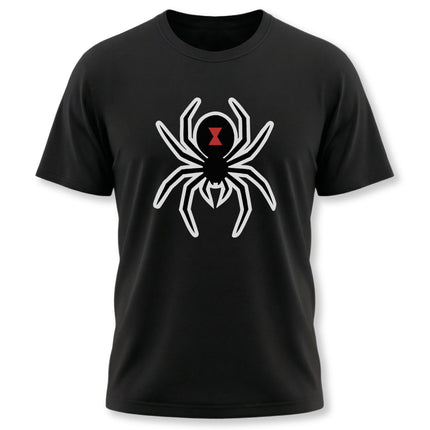 Black Widow spider graphic on a black tee, featuring a white outline and red hourglass symbol.