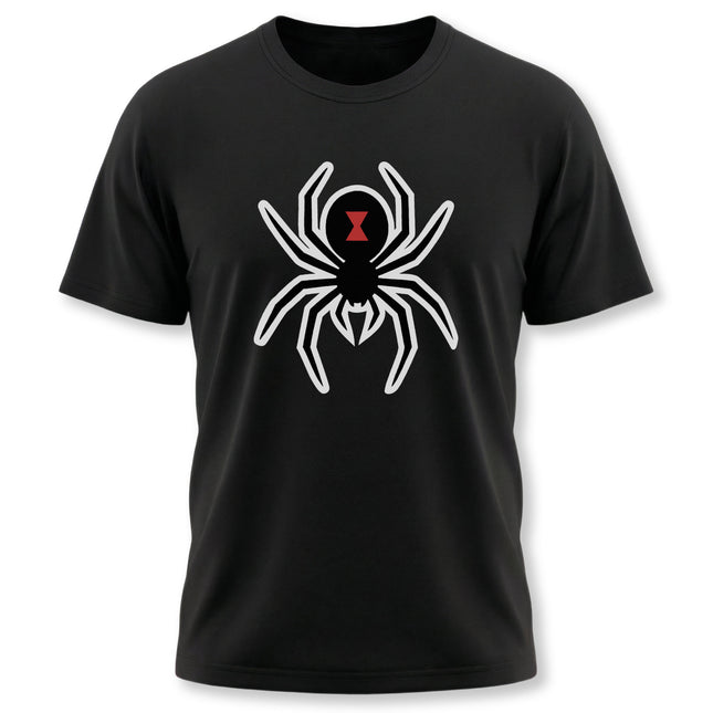 Black Widow spider graphic on a black tee, featuring a white outline and red hourglass symbol.