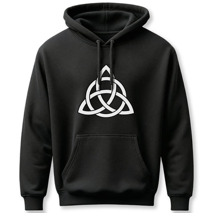 Black Triquetra Celtic knot symbol on a unisex hoodie. White graphic design.