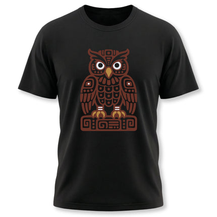 Mayan Owl T-Shirt | Rust Geometric Bird with Pale Circular Eyes Tee