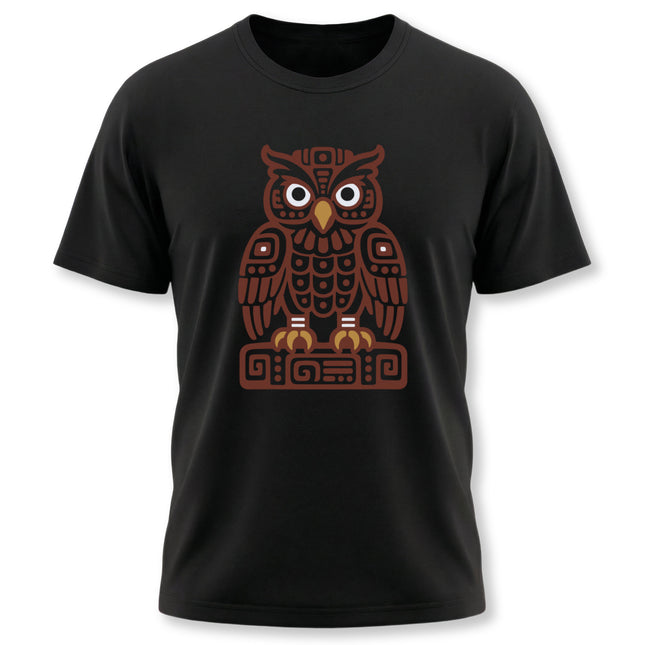 Mayan Owl T-Shirt | Rust Geometric Bird with Pale Circular Eyes Tee