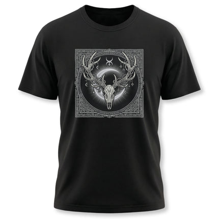 Celtic Stag Skull Art T-Shirt - Tribal Antler Crown with Moon Design