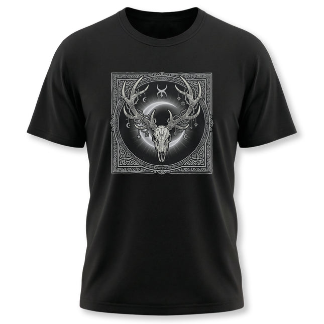 Celtic Stag Skull Art T-Shirt - Tribal Antler Crown with Moon Design