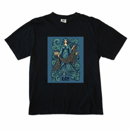 Rán Norse Sea Goddess t-shirt featuring mythology ocean waves and net design.