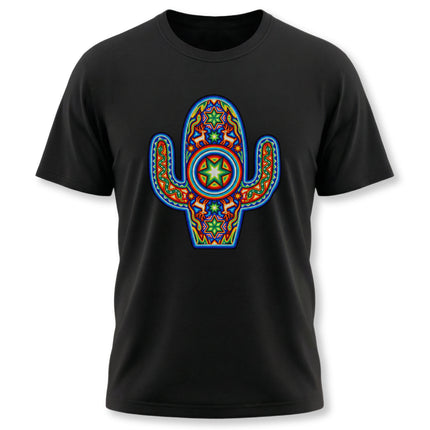 Colorful Mexican folk art cactus graphic tee on a black t-shirt.