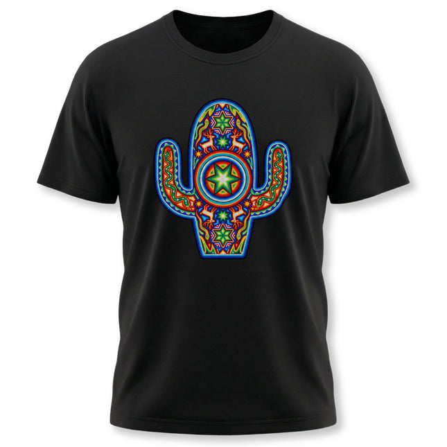 Colorful Mexican folk art cactus graphic tee on a black t-shirt.