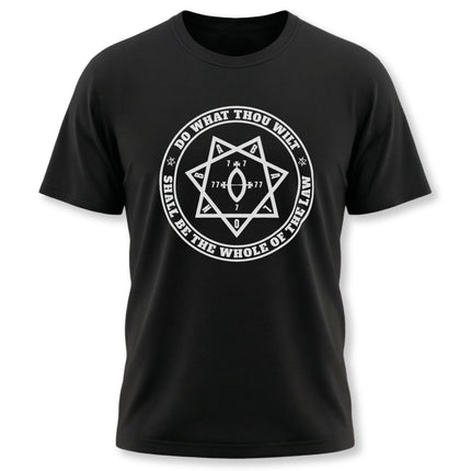 Do What Thou Wilt occult hexagram t-shirt design, featuring the Star of Babalon symbol.