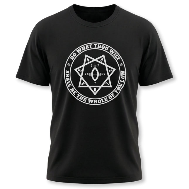 Do What Thou Wilt occult hexagram t-shirt design, featuring the Star of Babalon symbol.