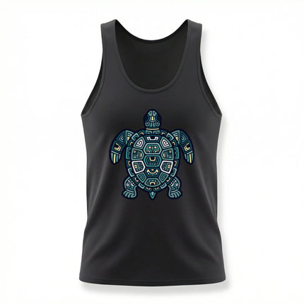 Mayan tribal geometric sea turtle graphic on a black tank top.