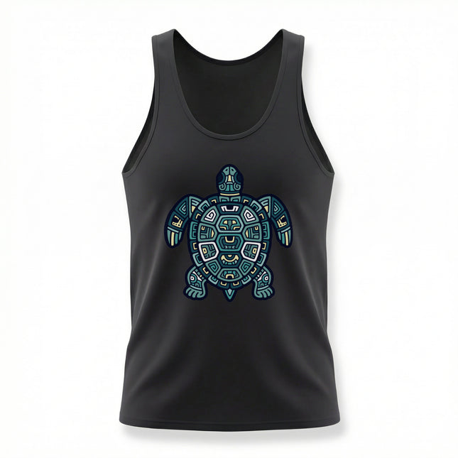 Mayan tribal geometric sea turtle graphic on a black tank top.