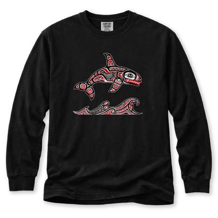 Formline Orca Long Sleeve T-Shirt | Red and White Ocean Graphic Tee