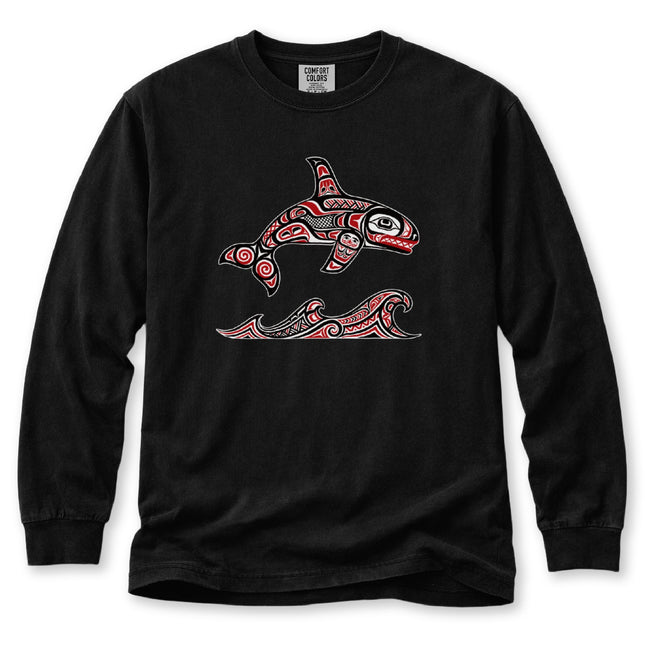 Formline Orca Long Sleeve T-Shirt | Red and White Ocean Graphic Tee