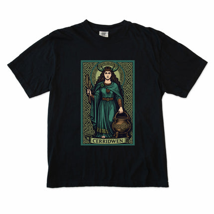 Cerridwen Celtic Goddess tee shirt featuring cauldron and witch mythology art print.