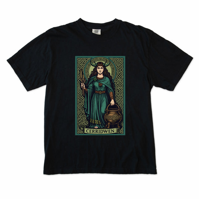 Cerridwen Celtic Goddess tee shirt featuring cauldron and witch mythology art print.
