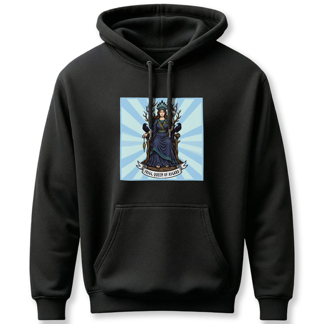 Frigg, Queen of Asgard, Norse goddess graphic featuring a regal mythological design.