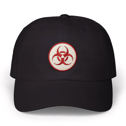 Black baseball cap with red embroidered biohazard symbol.
