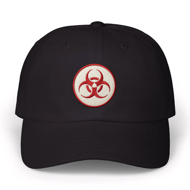 Black baseball cap with red embroidered biohazard symbol.