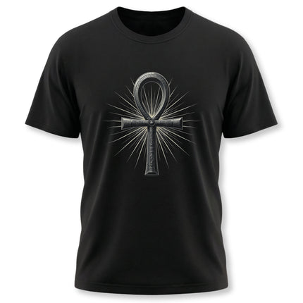 Black t-shirt with a stylized silver Ankh symbol graphic from ancient Egyptian mythology.