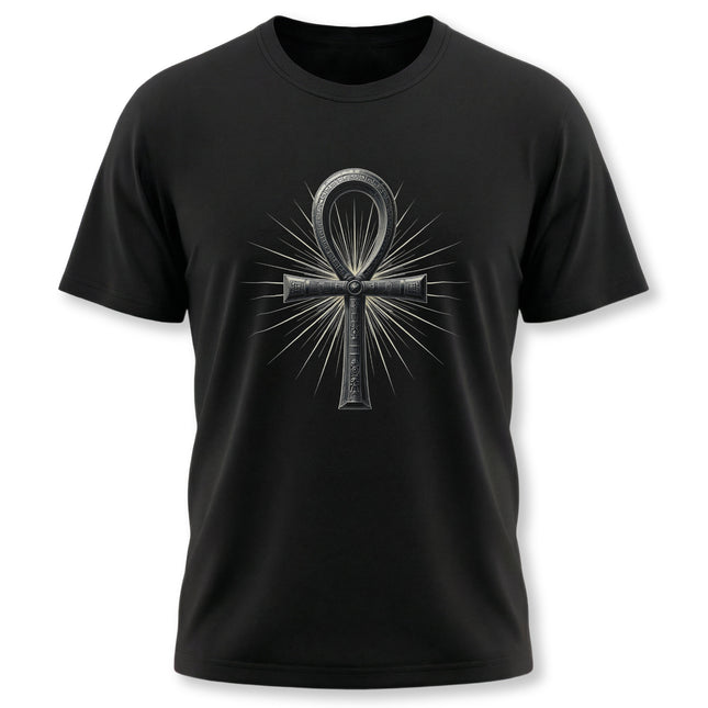 Black t-shirt with a stylized silver Ankh symbol graphic from ancient Egyptian mythology.