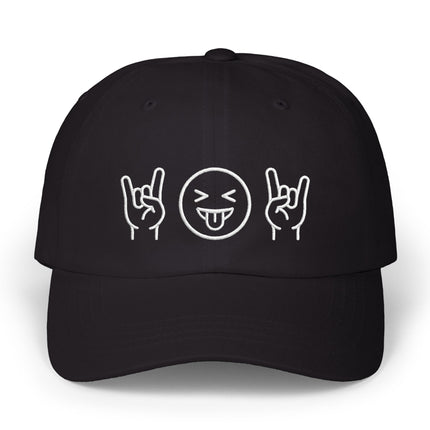 Black embroidered cap featuring rock hand signs and a playful tongue-out emoji face.