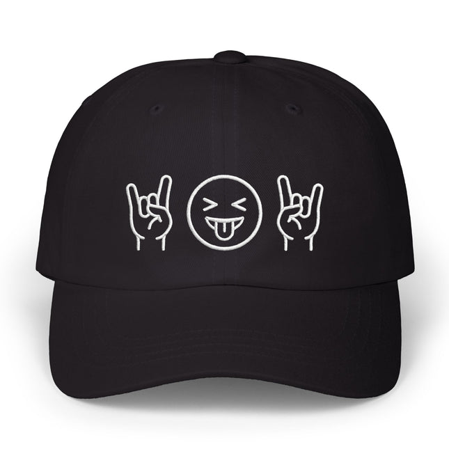 Black embroidered cap featuring rock hand signs and a playful tongue-out emoji face.