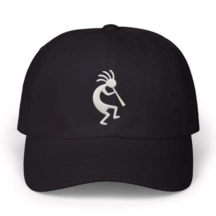 Black baseball cap with embroidered Kokopelli, the Native American flute player figure.