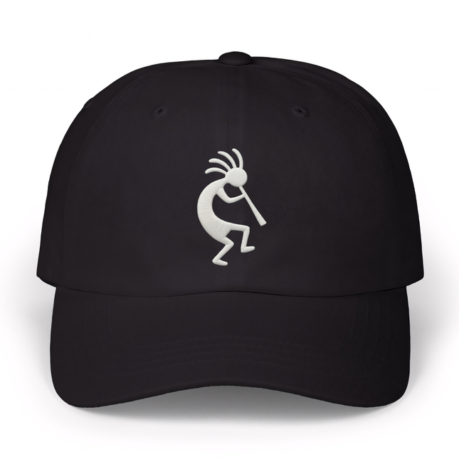 Black baseball cap with embroidered Kokopelli, the Native American flute player figure.