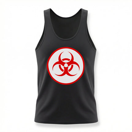 Black tank top featuring a bold red biohazard warning symbol graphic.