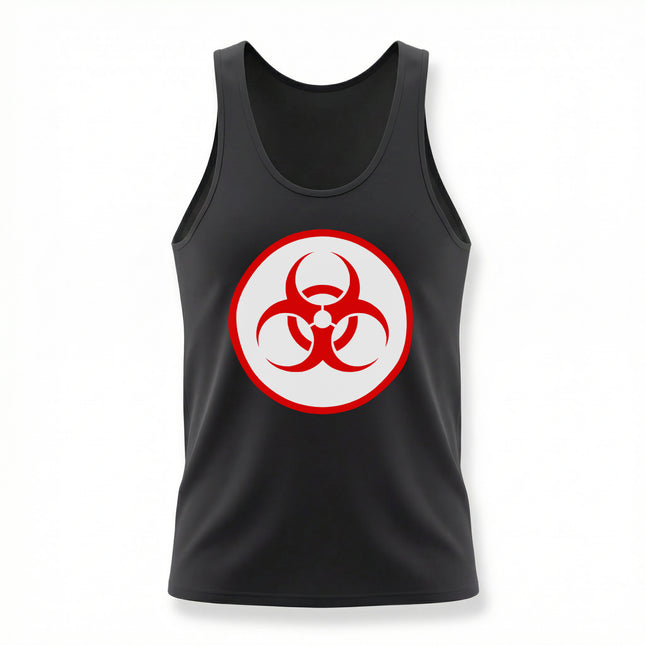 Black tank top featuring a bold red biohazard warning symbol graphic.