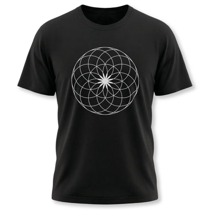 Black tee featuring a white sacred geometry flower of life pattern.