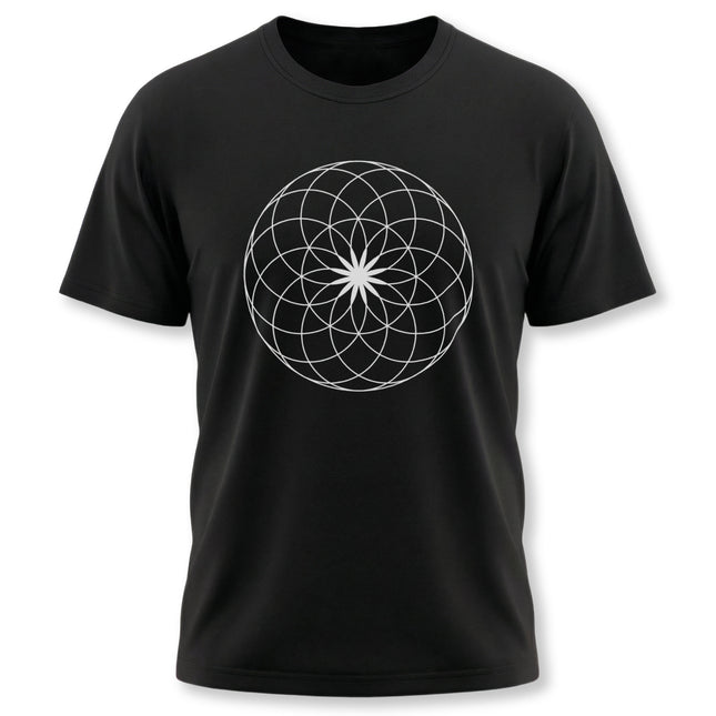 Black tee featuring a white sacred geometry flower of life pattern.