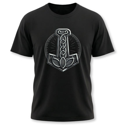 Mjolnir Norse hammer graphic tee design on a black t-shirt.