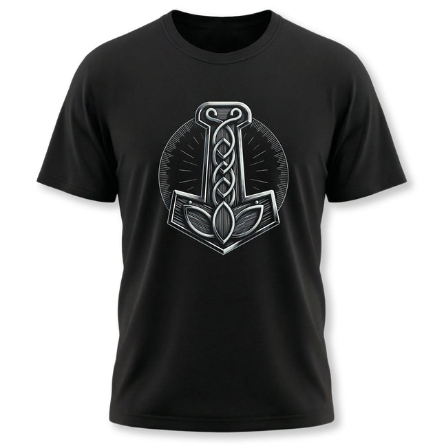 Mjolnir Norse hammer graphic tee design on a black t-shirt.