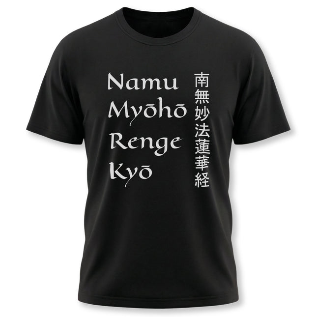 Namu Myōhō Renge Kyō Buddhist mantra tee with Kanji script on a black shirt.
