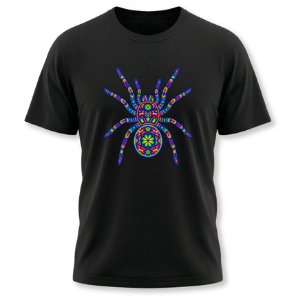 Vibrant Huichol tarantula art graphic tee featuring rainbow mandala patterns.