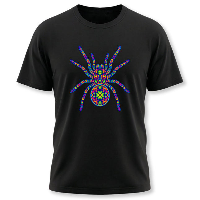 Vibrant Huichol tarantula art graphic tee featuring rainbow mandala patterns.