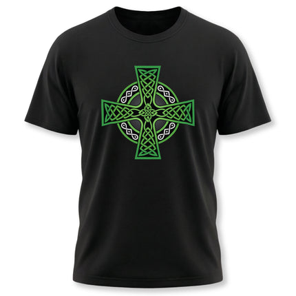 Green Celtic Cross knotwork graphic on a black t-shirt featuring intricate Irish knot art.