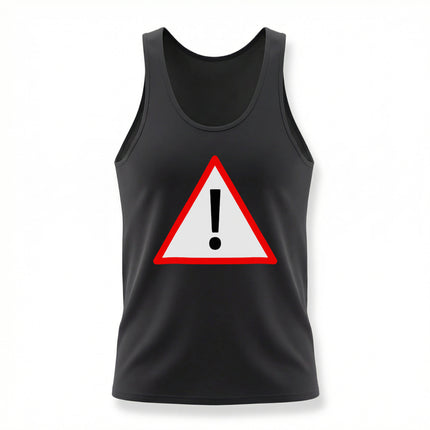 Black tank top featuring a red warning triangle and white exclamation mark graphic.