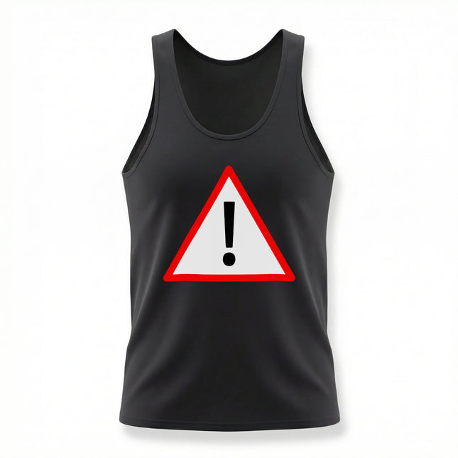 Black tank top featuring a red warning triangle and white exclamation mark graphic.