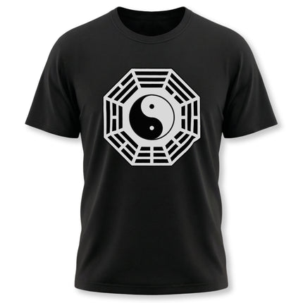 Black t-shirt featuring a white Yin Yang symbol within a geometric Bagua design.