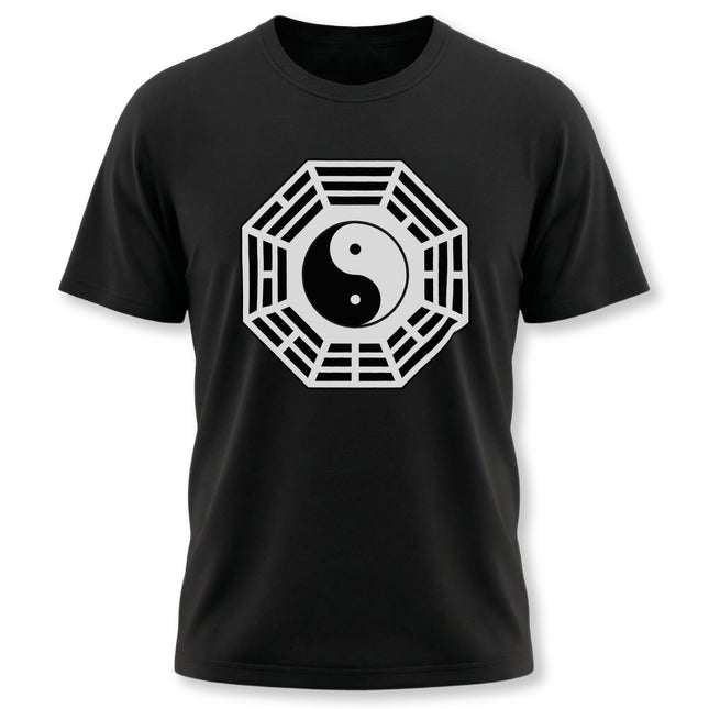 Black t-shirt featuring a white Yin Yang symbol within a geometric Bagua design.