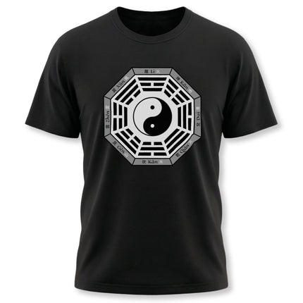 Black t-shirt featuring the Yin Yang symbol surrounded by the eight Bagua trigrams. Taoist philosophy graphic tee.