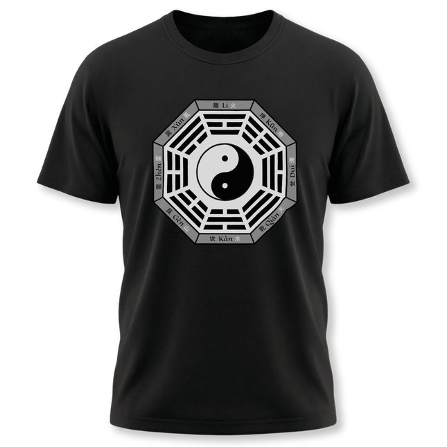 Black t-shirt featuring the Yin Yang symbol surrounded by the eight Bagua trigrams. Taoist philosophy graphic tee.