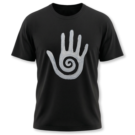 Black tee with white Hopi healing hand and spiral symbol design.